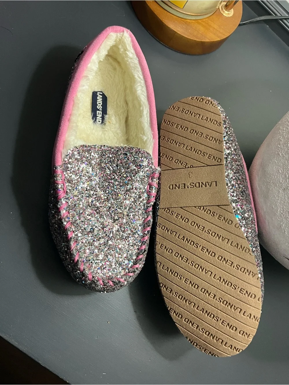 Lands' End Women’s Pink-Trim Glitter Moccasin Slippers